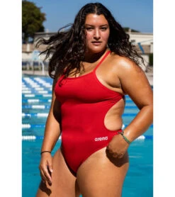 Arena Women's Solid MaxLife Light Drop Back One Piece Swimsuit -Speedos Shop 6609562435752 redmetallicsilver 3a