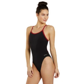 HydroLast Piped Thin Strap One Piece Swimsuit -Speedos Shop 7595852628136 blackmaroon 4a